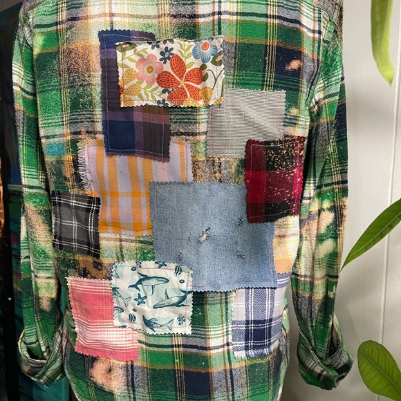 UpcycledAeropostale Green Plaid Bleached Flannel Denim Vintage Fabric Patchwork - Picture 4 of 8